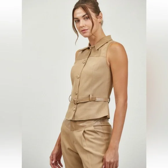 A48. Tan Faux Leather Belted Vest & Pants Set - Picture 3 of 8